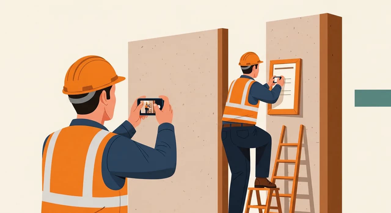 Bauleiter fotografiert mit dem Smartphone den Baufortschritt an einer Rohbauwand