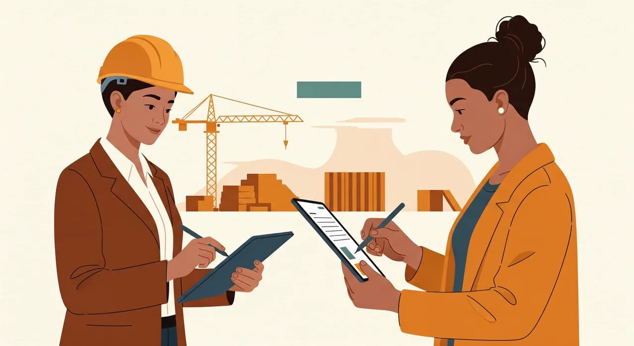 Kunde unterschreibt einen digitalen Lieferschein mit dem Finger auf einem Tablet auf der Baustelle