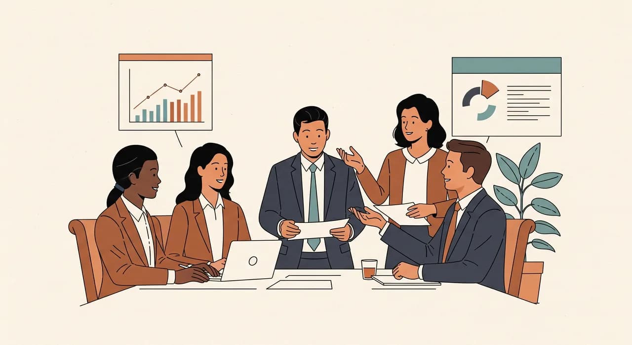 Team bespricht in einem Meeting die internen Regeln für den Einsatz von KI-Werkzeugen