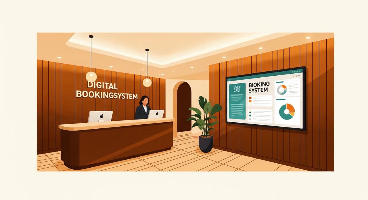 Rezeption eines österreichischen Hotels mit digitalem Buchungssystem am Bildschirm