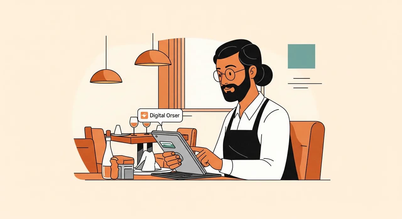 Gastronom prüft am Tablet digitale Bestellungen und Kassenabschluss im Restaurant