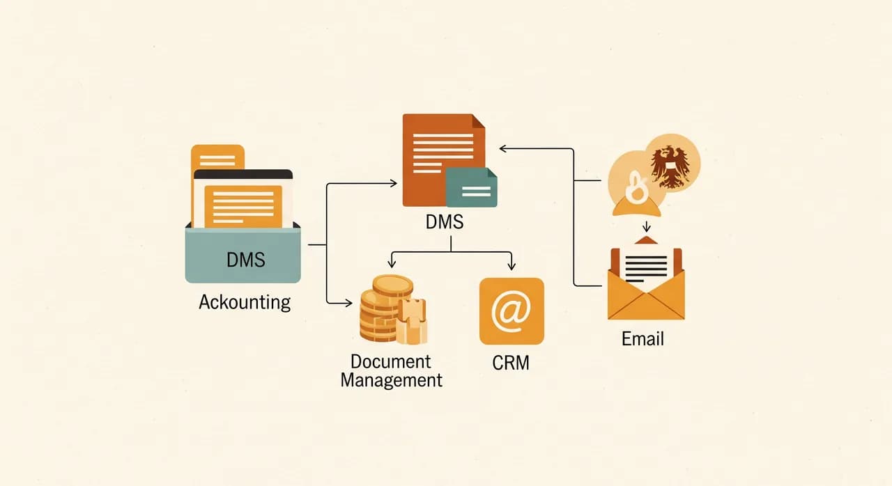 Schematische Darstellung, wie ein DMS mit Buchhaltung, CRM und E-Mail eines österreichischen Betriebs verbunden ist