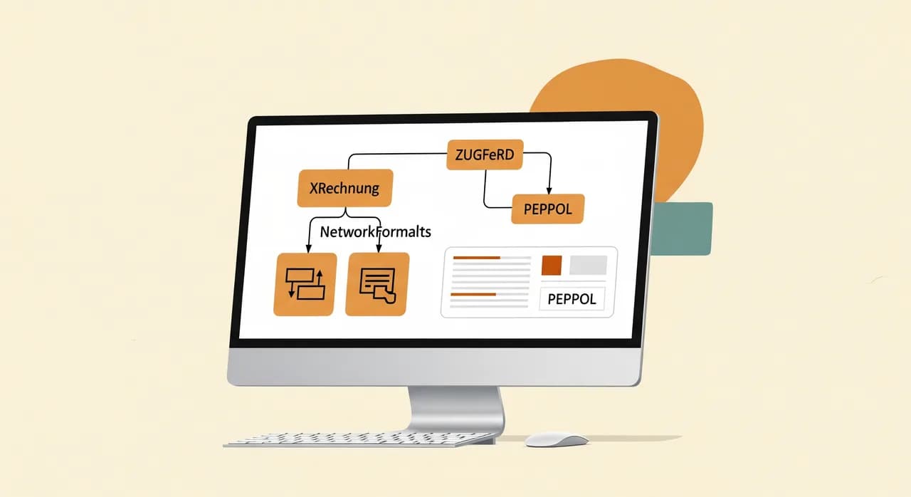 Bildschirm mit den Formaten XRechnung, ZUGFeRD und dem PEPPOL-Netzwerk als Schema