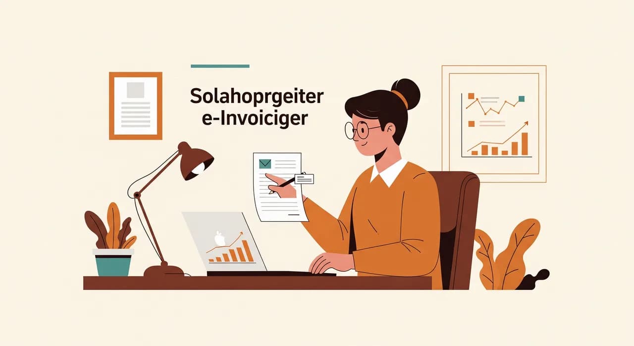 Ein-Personen-Unternehmer richtet am Schreibtisch seine E-Rechnung-Software ein