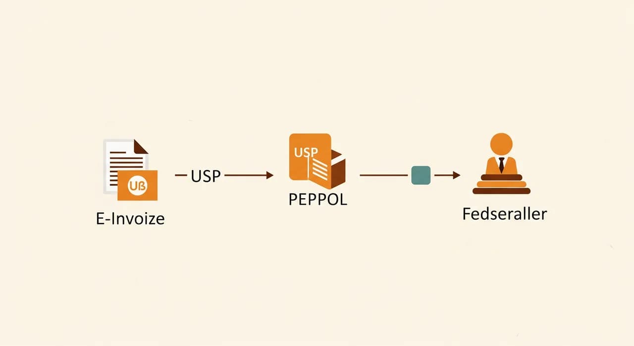 Schematischer Weg einer E-Rechnung vom Unternehmen über das USP und PEPPOL zur Bundesdienststelle