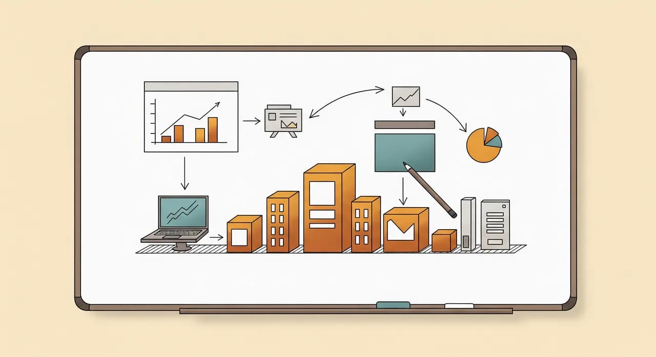 Whiteboard mit skizziertem Digitalisierungsprojekt: Prozesse, Software und Automatisierung als Bausteine