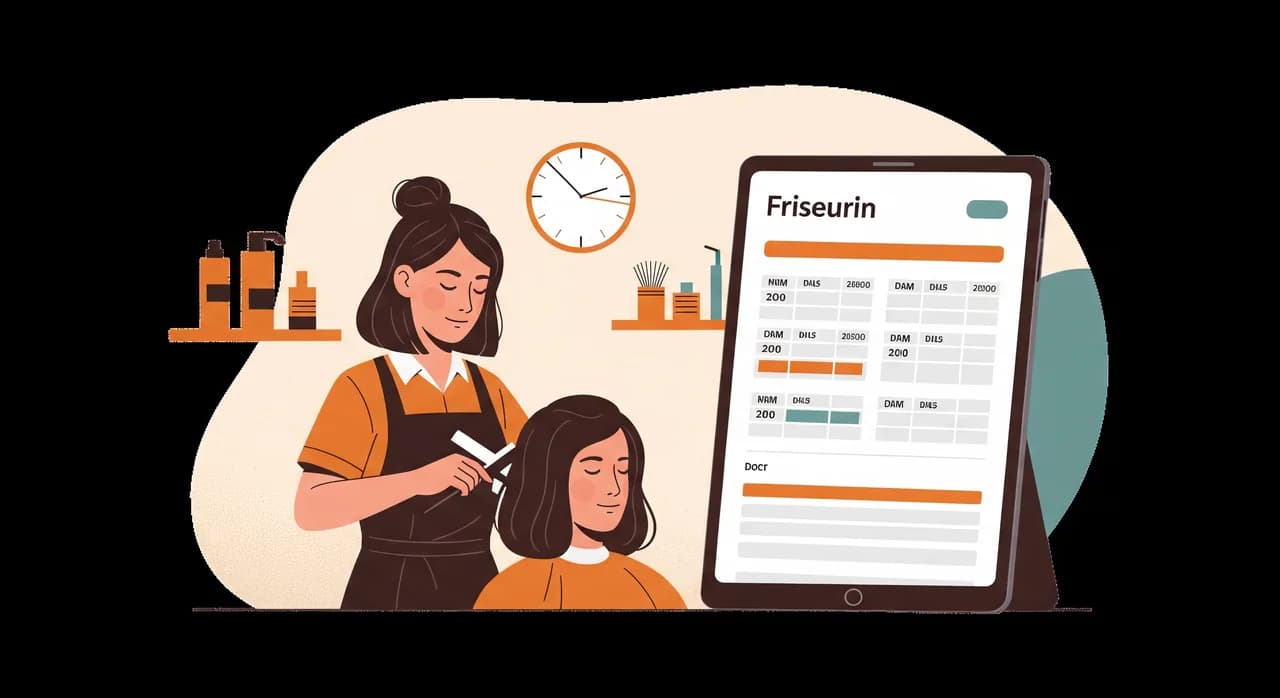Friseurin arbeitet entspannt am Kunden, während im Hintergrund ein Tablet den Tagesplan zeigt