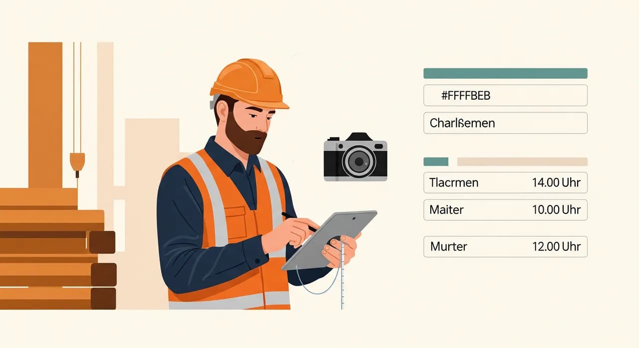 Monteur erfasst auf der Baustelle mit dem Tablet Aufmaß, Fotos und Arbeitszeiten