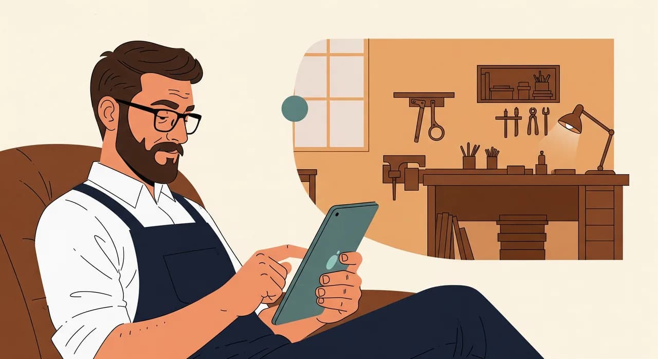 Handwerksmeister schaut entspannt aufs Tablet, im Hintergrund die Werkstatt bei Feierabend