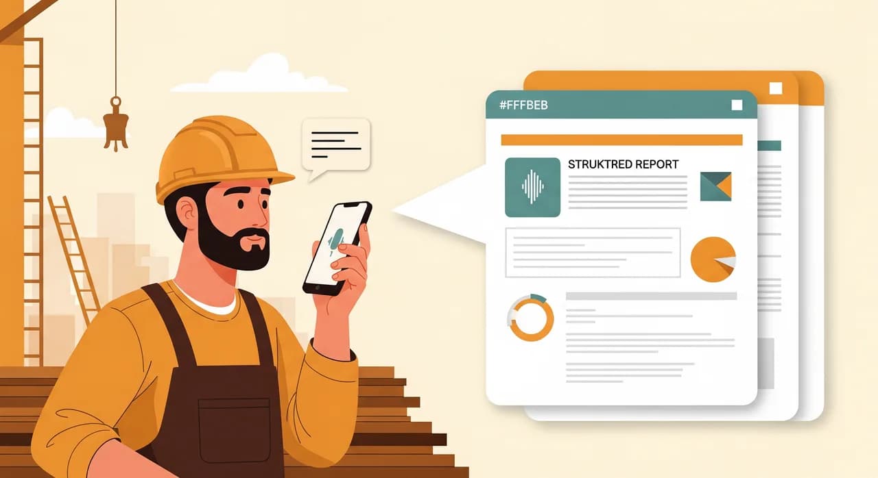 Handwerker auf einer Baustelle spricht eine Sprachnotiz in sein Smartphone, die im Hintergrund zu einem strukturierten Bericht wird