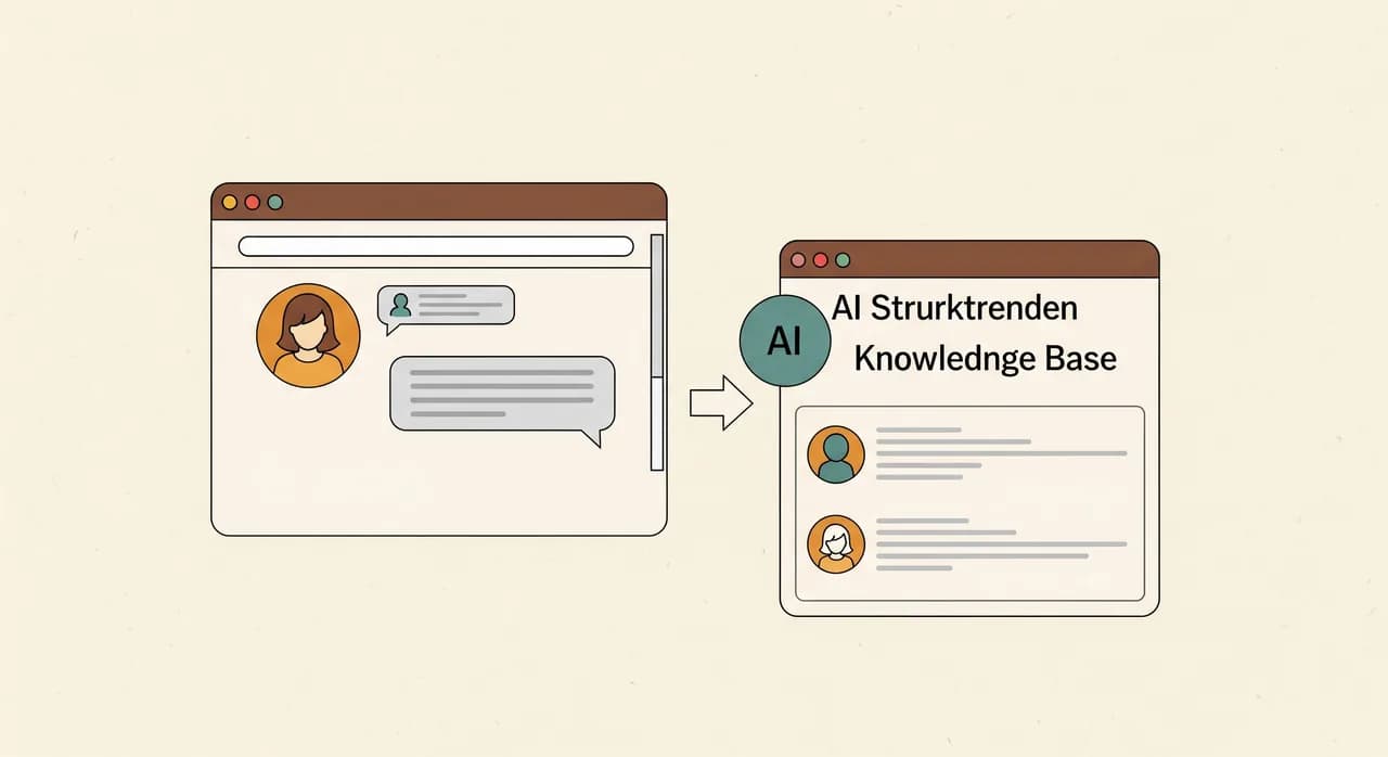 Skizze eines Website-Chatfensters mit Kundenfrage und strukturierter KI-Antwort aus einer Wissensbasis