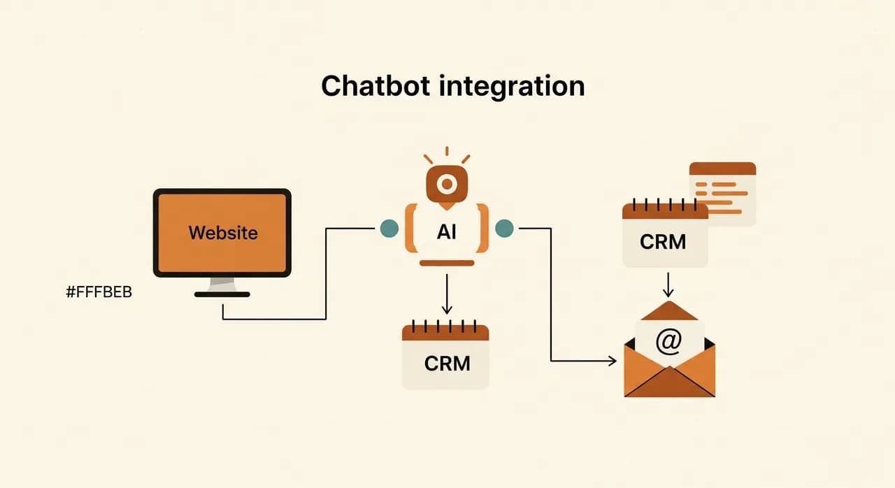 Ablaufdiagramm der Chatbot-Integration von der Website über die KI bis zu CRM, Kalender und E-Mail