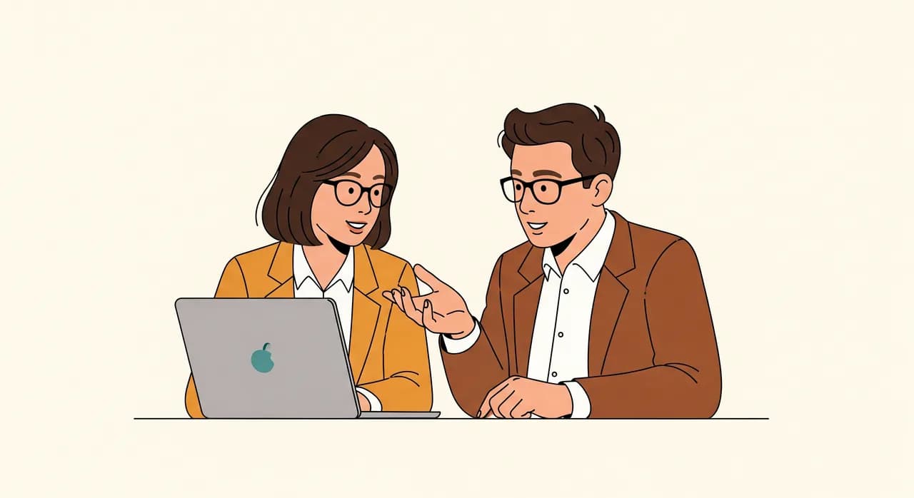 Mitarbeiterin und Mitarbeiter eines österreichischen KMU besprechen an einem Laptop den Einsatz von KI-Werkzeugen im Arbeitsalltag
