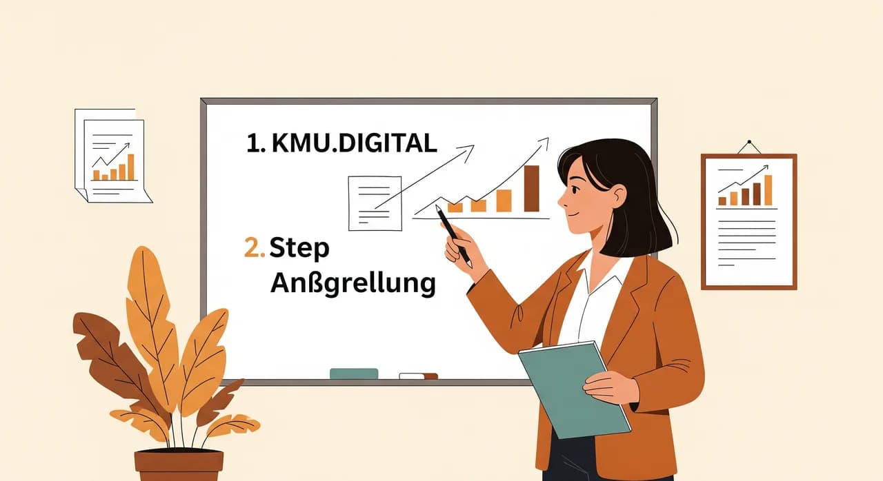 Unternehmerin plant an einem Whiteboard die Schritte der KMU.DIGITAL Antragstellung