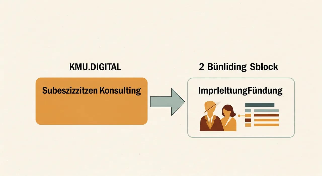 Zwei Bausteine von KMU.DIGITAL: geförderte Beratung und Umsetzungsförderung als Ablaufdiagramm