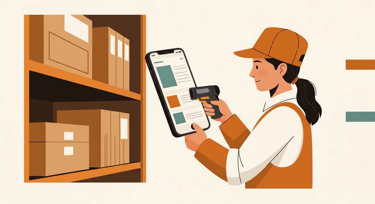 Mitarbeiterin scannt mit dem Smartphone einen Artikel im Regal und erfasst den Bestand direkt in einer Lager-App