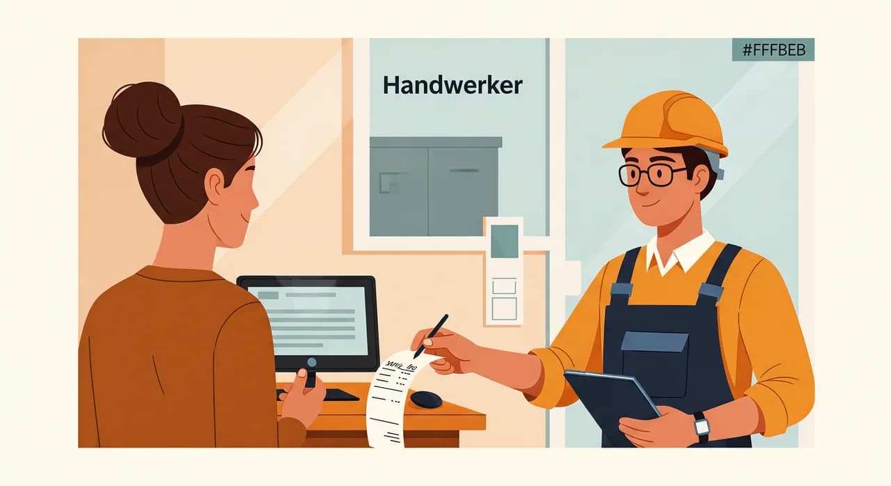 Handwerker stellt beim Kunden vor Ort einen händischen Beleg aus als Beispiel für mobile Umsätze