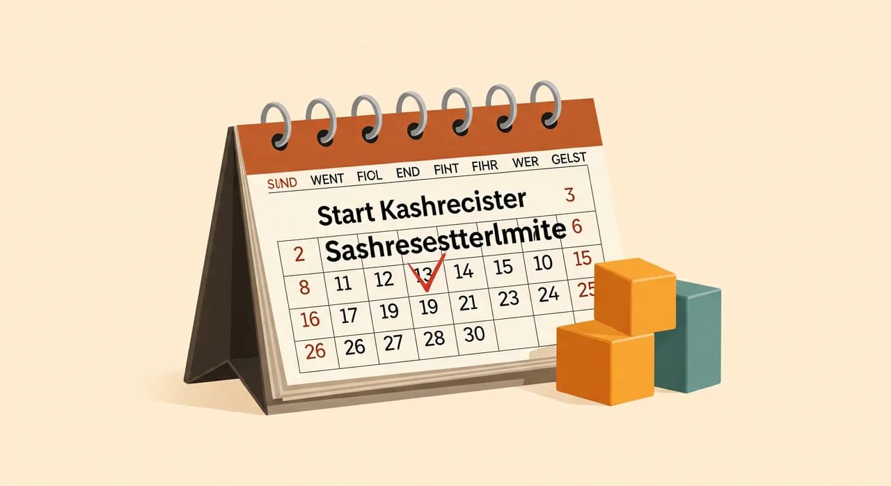Kalender mit markierter Frist für den Start der Registrierkasse nach Überschreiten der Umsatzgrenze