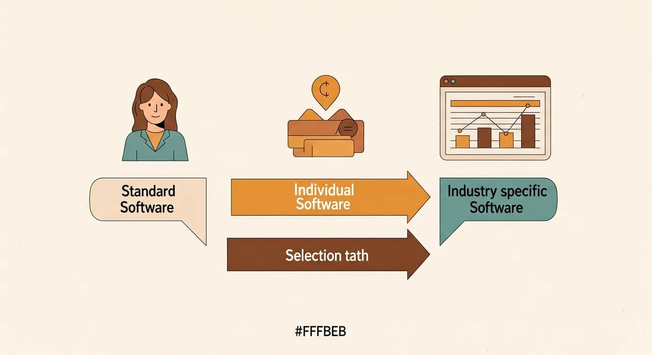 Vergleich der drei Softwaretypen Standardsoftware, Individualsoftware und Branchensoftware als Auswahlpfade