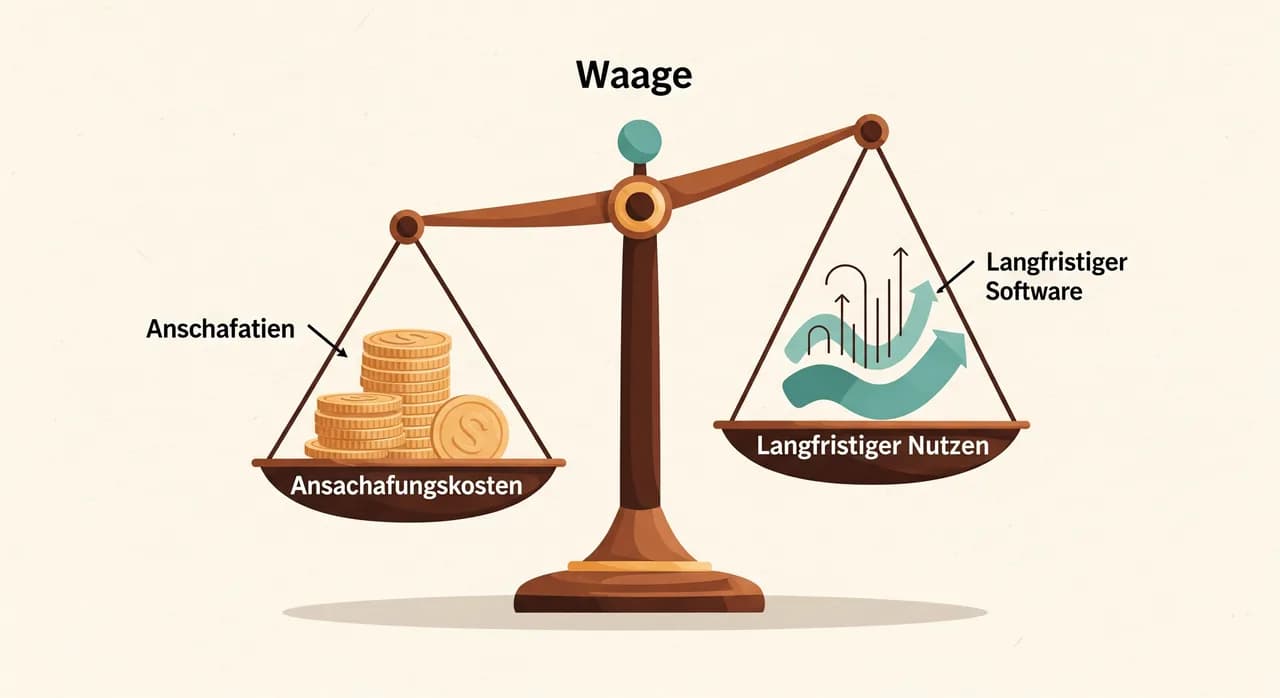 Waage, die Anschaffungskosten von Standardsoftware gegen langfristigen Nutzen von Individualsoftware abwägt