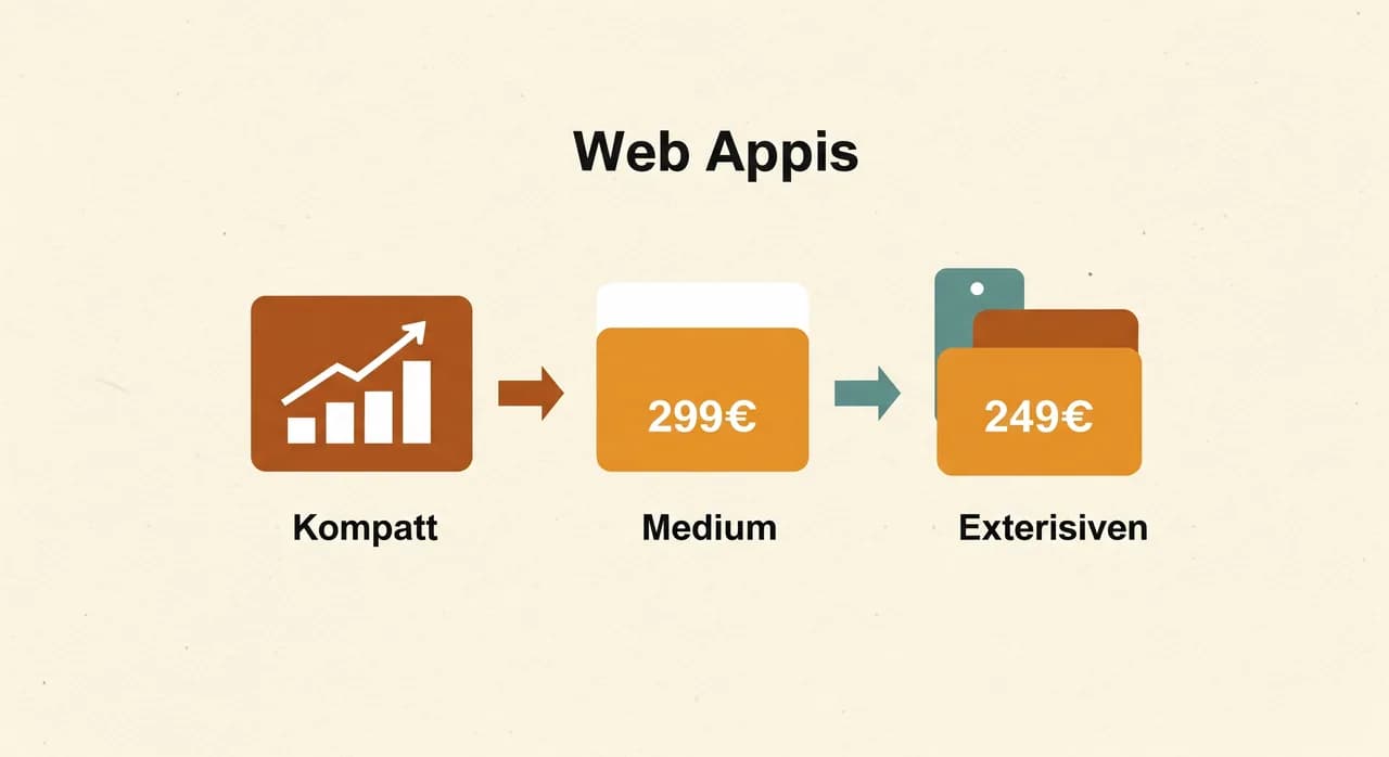 Diagramm mit drei Preisstufen für Web-Apps von kompakt über mittel bis umfangreich