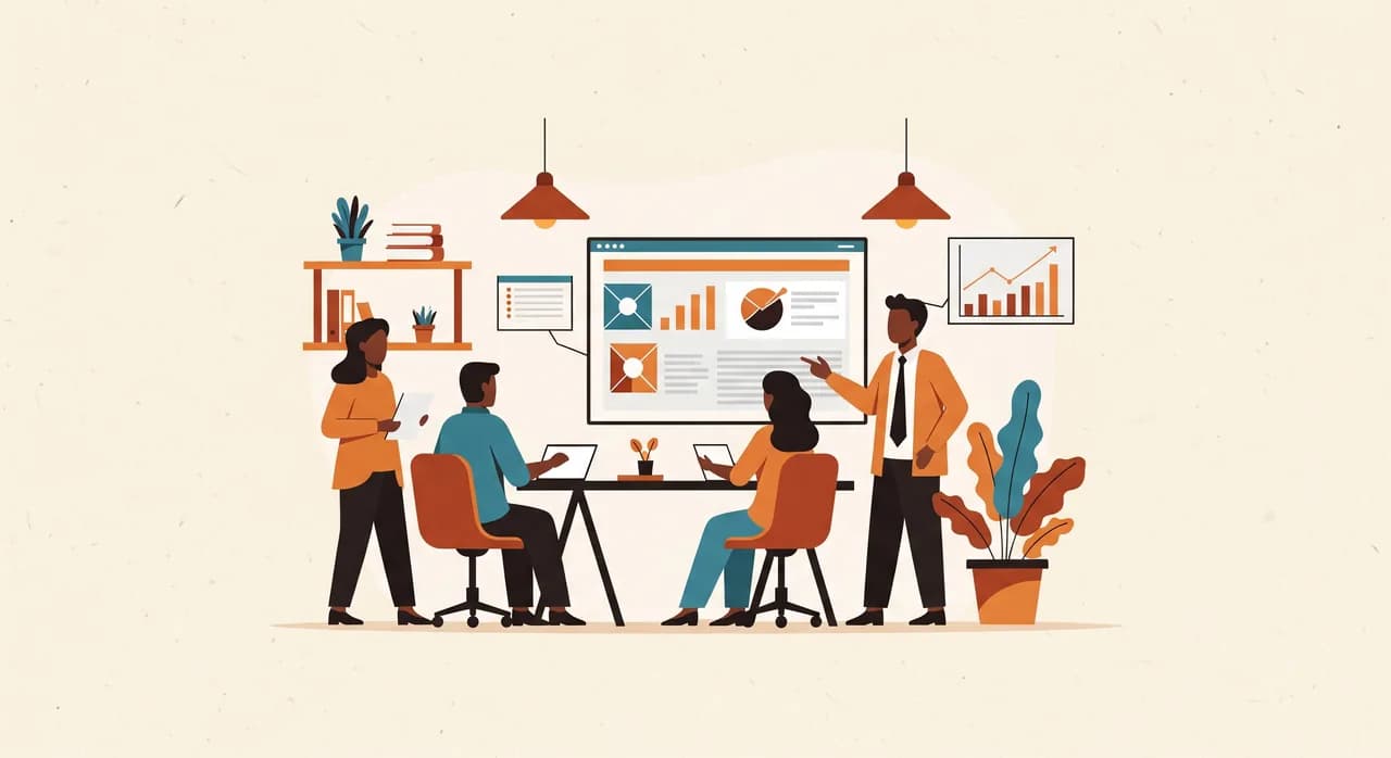 Team im Büro bespricht an einem Bildschirm die Funktionen einer neuen Unternehmenssoftware
