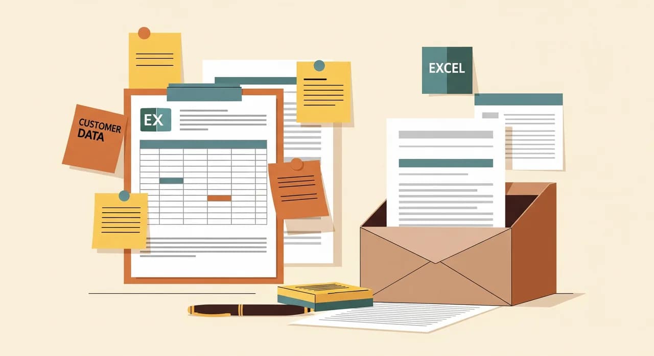 Kundendaten verstreut über Notizzettel, Excel-Tabellen und E-Mail-Postfach auf einem Schreibtisch
