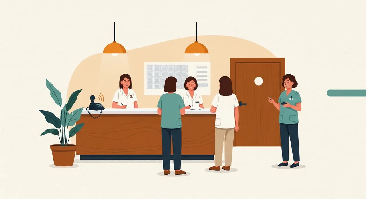 Rezeption einer Arztpraxis am Vormittag mit klingelndem Telefon und wartenden Patienten